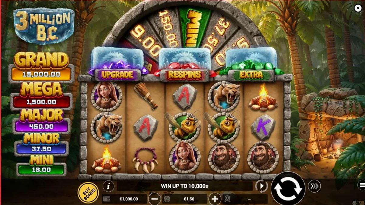Tampilan visual slot 3 Million B.C. dengan tema prasejarah dan roda jackpot.