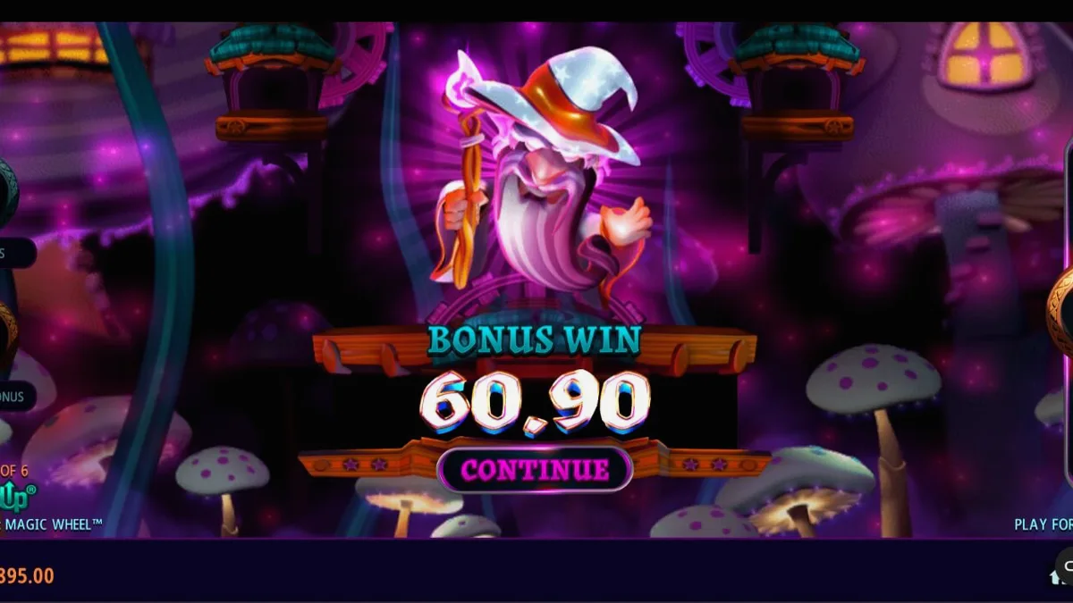 Tampilan visual slot Fire Gnomes 2 Magic Wheel dengan tema jamur dan gnome.